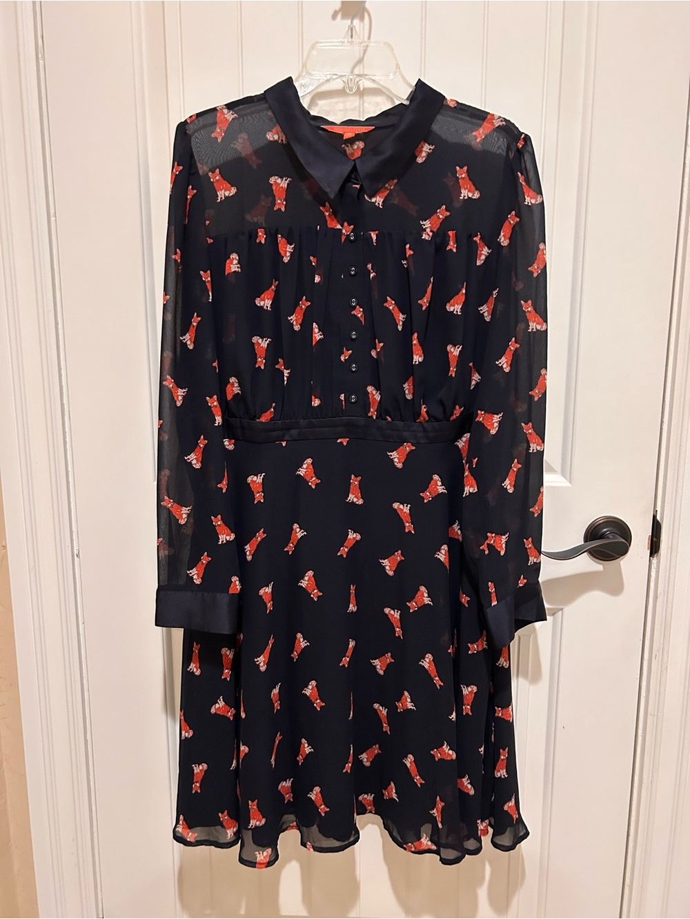EUC: ModCloth Navy Chiffon Fox Print Shirt Dress - Picture 4 of 8